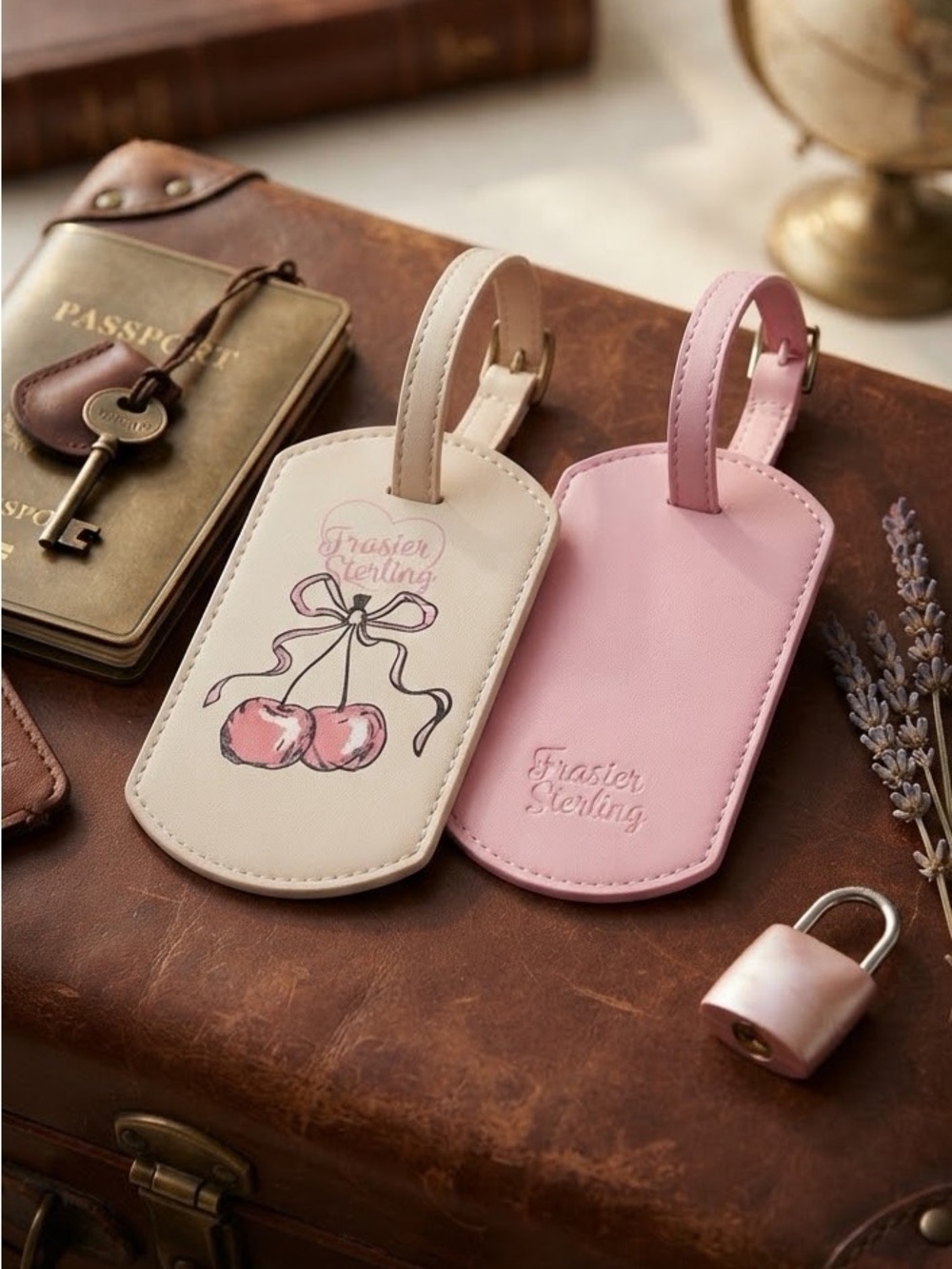 Frasier Sterling Cream Pink Pastel Cherry Buckle Faux Leather Luggage Tags NWT